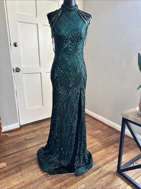 Empero couture Green Geometric Beaded Maxi Gown Like New